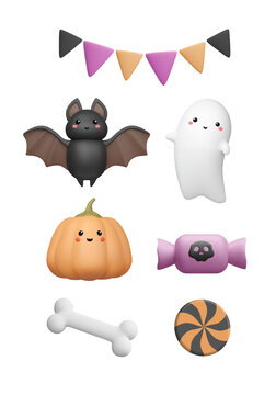 3d halloween icon set. Cute ghost, bat with kawaii face, funny pumpkin, bone, candy with skull, party bunting. Characters and elements in plastic style. Vector illustration. Monster and sweets render.