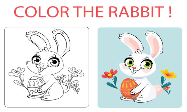 Coloring page. Little cute rabbit holds a ester egg in the hands and smiles. Cute cartoon Bunny with carrot. Black and white vector illustration for coloring book. 46
