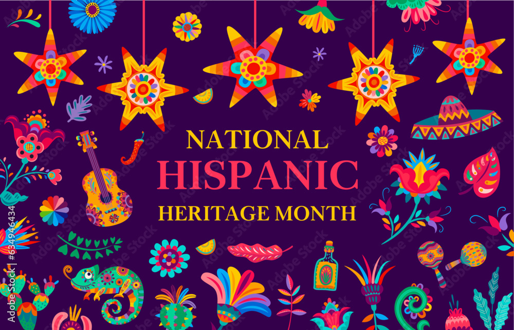 Wall mural National hispanic heritage month festival banner with pinatas and tropical flowers, guitar, chameleon and tequila with sombrero and maracas, celebrates rich cultural diversity of hispanic communities