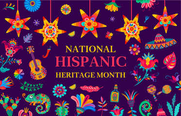 National hispanic heritage month festival banner with pinatas and tropical flowers, guitar, chameleon and tequila with sombrero and maracas, celebrates rich cultural diversity of hispanic communities
