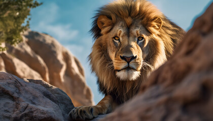 Portrait of Lion Laying on Rocks