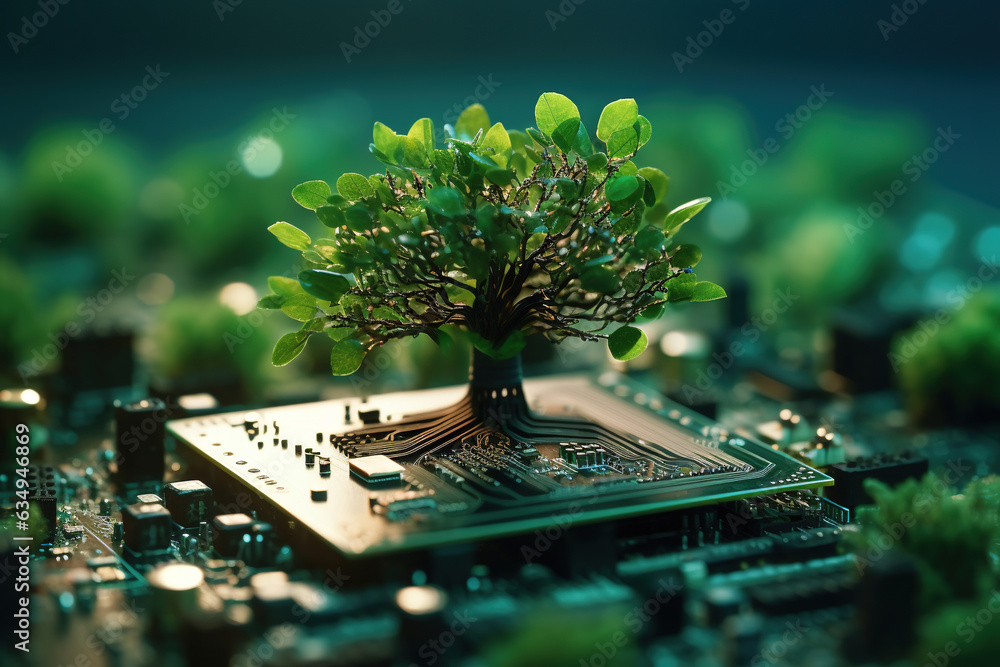 Poster concept of green computing with a tree growing from a circuit board
