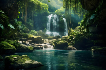 Fototapeta na wymiar Waterfall in rainforest, beautiful landscape, nature background. Fantastic scene