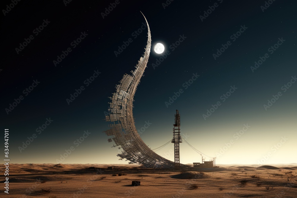 Poster a very tall structure in the middle of a desert. generative ai.