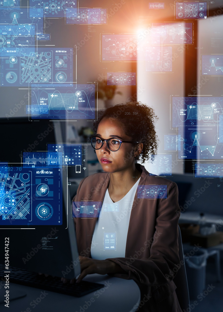 Poster black woman working in office and digital data concept. system engineering.