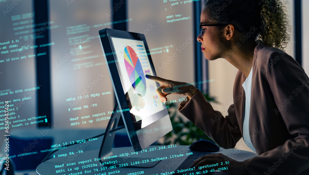 Poster black woman working in office and digital data concept. system engineering.
