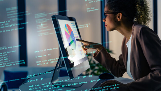 Black woman working in office and digital data concept. System engineering.