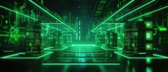 A dark room with green neon lights. Generative AI.