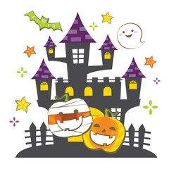 かわいいカボチャとお城のイラスト　ハロウィン