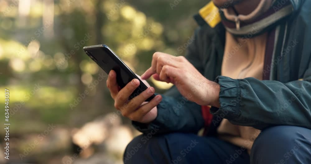 Poster hands, phone and man hiking in a forest texting, search and using map, navigation and travel guide i