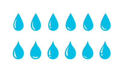 Set of blue water drops, splash, drips of paint, pouring water, spray icons