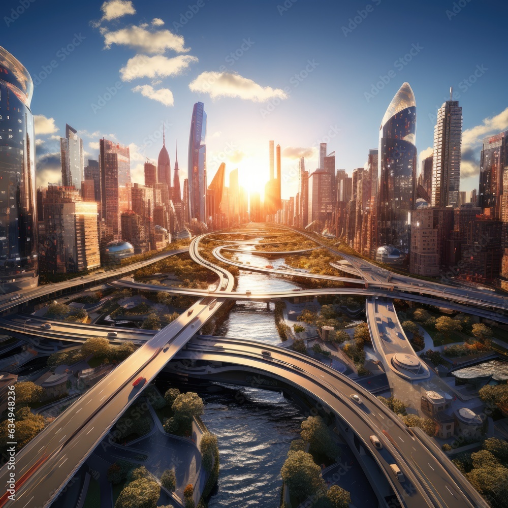 Poster a futuristic city with a river running through it. generative ai.