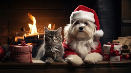 cat and dog in christmas hat - Powered by Adobe