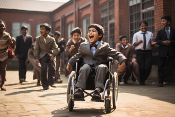 A south asian disability kid in student uniform playing with other kids in school yard