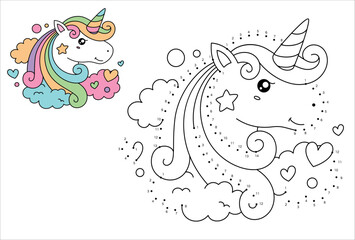 Connect the dots kids game and coloring page with a cute unicorn. Connect The Dots and Draw Cute Cartoon Unicorn. Educational Game for Kids. Vector Illustration With Cartoon Animal Characters. 51