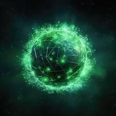 A green glowing sphere with a black background. Generative AI.