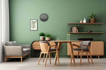 Round wooden dining table and chairs with sofa and cabinet against green walls. Modern dining room interior design