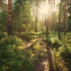Scenic forest of fresh green deciduous trees framed by leaves, with the sun casting its warm rays through the foliage. Generative ai
