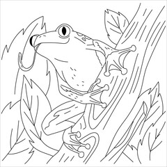 Funny poisonous frog sitting on a tree branch in a wild tropical jungle, black and white outline vector cartoon illustration for a coloring book page. Cute Frog Coloring Pages for kids. 55