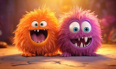A whimsical illustration featuring a trio of shaggy, fluffy monsters with adorable yet fierce expressions.