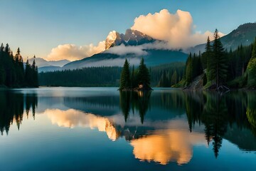 A cloudiness secured mountain lake with evergreen trees reflected on its sparkly surface. Creative resource, AI Generated