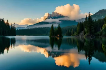 Aluminium Prints Reflection A cloudiness secured mountain lake with evergreen trees reflected on its sparkly surface. Creative resource, AI Generated