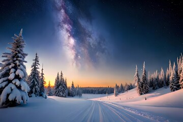 Appear off a peaceful scaled down as Santa's sleigh floats through a starry, snow kissed sky. Creative resource, AI Generated - obrazy, fototapety, plakaty