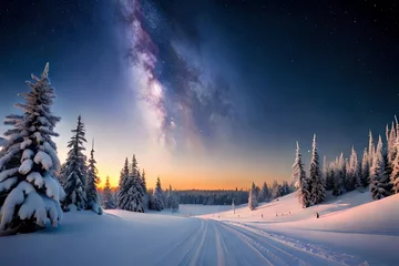 Fotobehang Appear off a peaceful scaled down as Santa's sleigh floats through a starry, snow kissed sky. Creative resource, AI Generated © DEER FLUFFY