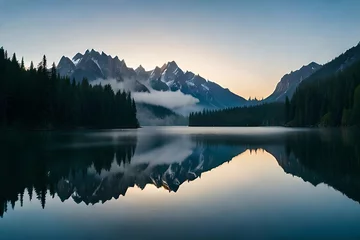 Papier Peint photo Lavable Réflexion A cloudiness secured mountain lake with evergreen trees reflected on its sparkly surface. Creative resource, AI Generated