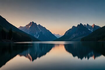 A calm lake reflecting the brilliant mountain crests that cement it. Creative resource, AI Generated