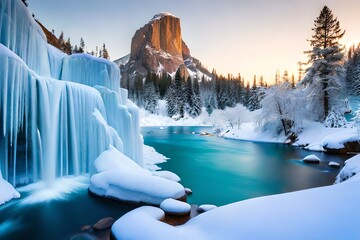 A cemented waterfall taking after a precious stone shape in a winter wonderland. Creative resource, AI Generated