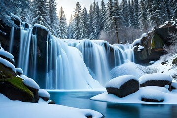 A cemented waterfall taking after a gem shape in a winter wonderland. Creative resource, AI Generated