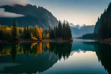 Washable wall murals Reflection A cloudiness secured mountain lake with evergreen trees reflected on its sparkly surface. Creative resource, AI Generated