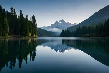 Papier Peint photo autocollant Réflexion A cloudiness secured mountain lake with evergreen trees reflected on its sparkly surface. Creative resource, AI Generated