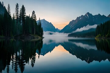 A cloudiness secured mountain lake with evergreen trees reflected on its sparkly surface. Creative resource, AI Generated - Powered by Adobe
