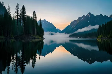 Fotobehang Reflectie A cloudiness secured mountain lake with evergreen trees reflected on its sparkly surface. Creative resource, AI Generated