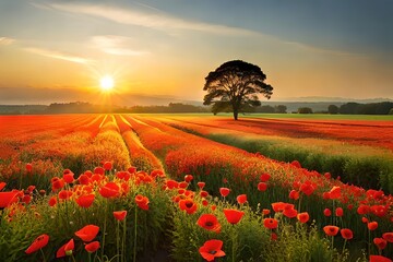 A dynamic poppy field lolling within the brilliant beams of the setting sun. Creative resource, AI Generated