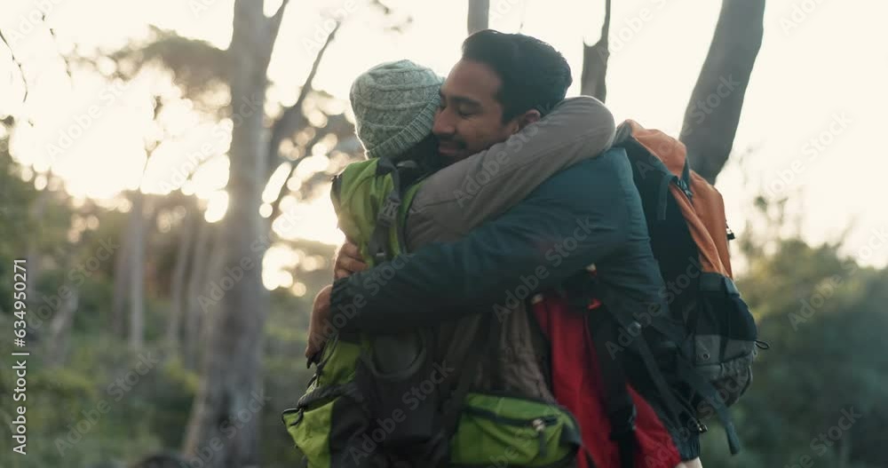 Poster Hiking, high five and couple hug in in a forest for fitness, travel and freedom celebration in nature. Backpacking, success and people with hands together for victory, achievement or jungle milestone