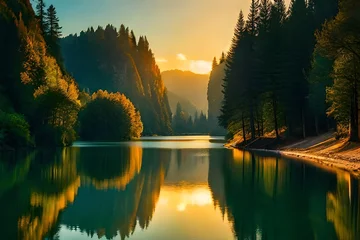 Papier Peint photo Lavable Réflexion Exhibit a peaceful lake or lake reflecting the magnificence of the passing year and the freshness of the modern one. Creative resource, AI Generated