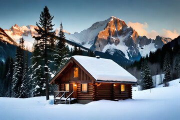 A cozy mountain cabin settled within the middle of covered peaks and evergreen trees. Creative resource, AI Generated