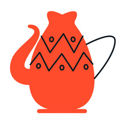 Red teapot with patterns. Beautiful kitchen utensil in doodle style.