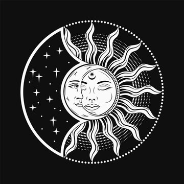 Eclipse with sun, crescent moon. Mythological medieval fairytale characters with face, magic, mystical, astrology symbols. Design for tattoo, astrology, stickers, tarot cards. Retro style.