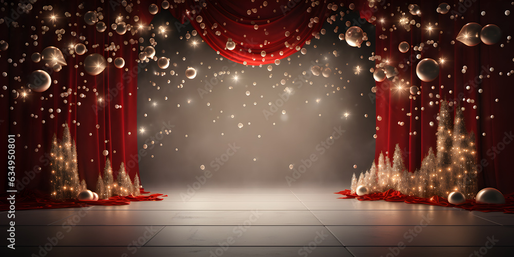 Wall mural blank space mock up christmas tree with red curtains wall room background, empty display of presenta