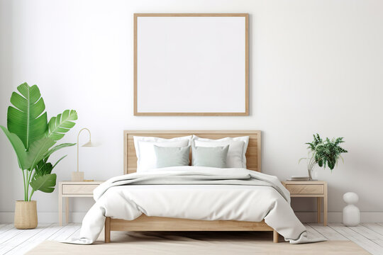 Coastal style modern bedroom interior design with blank mock up poster frame