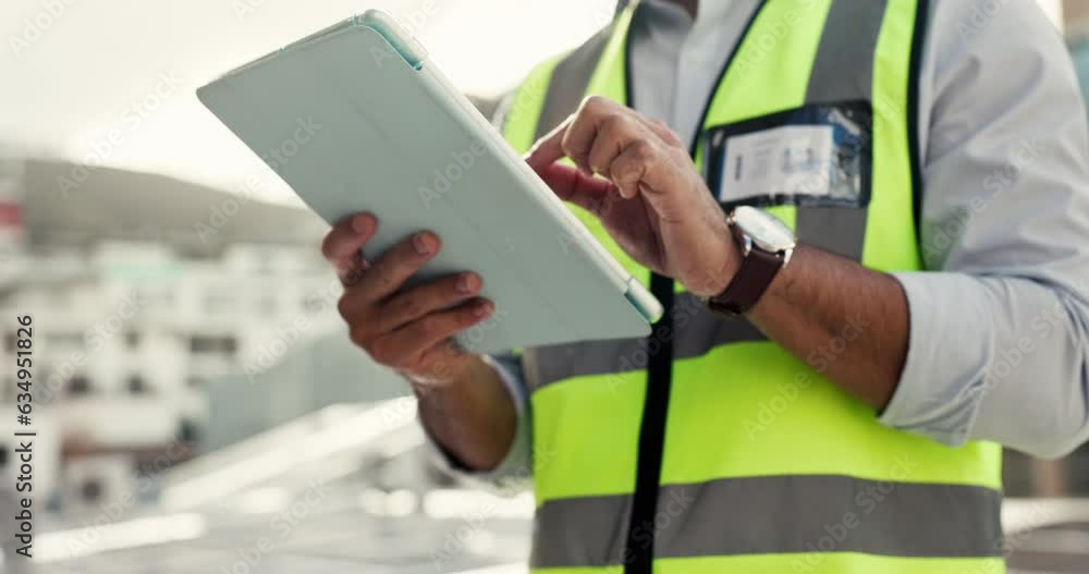 Poster Man, technician and hands on tablet in city for solar panel installation, electrical maintenance or inspection on rooftop. Closeup of person or engineer working on technology for renewable energy