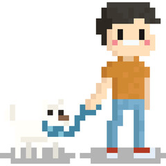 Naklejka premium Pixel art man walking with dog character