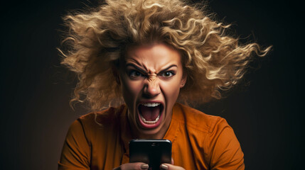 An enraged woman, clutching a cell phone in her hand, is captured in this image. Her face contorted with anger, she bellows into the phone, her emotions palpable, and her actions symbolize the frustra - obrazy, fototapety, plakaty