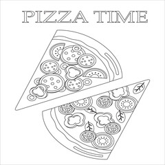 Two Pizza Slice Coloring Page Illustration. Pizza slices. Vector black and white coloring page. Pizza with salami, tomato, mushrooms, peppers, olives. Coloring book for kids about food. 64