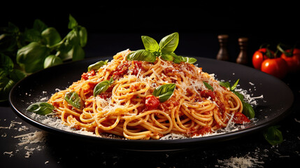 Tasty and appetizing Italian classic spaghetti with tomato sauce and parmesan cheese on plate on dark table.