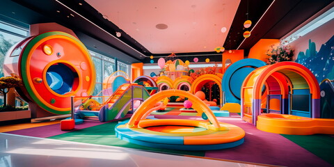 Whimsical and colorful children's play area in a hotel lobby with interactive games and toys.